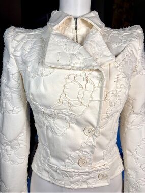 Antonio Berardi Cream Floral Fray Cutout Double Collar Moto Style Jacket Sz 40/4